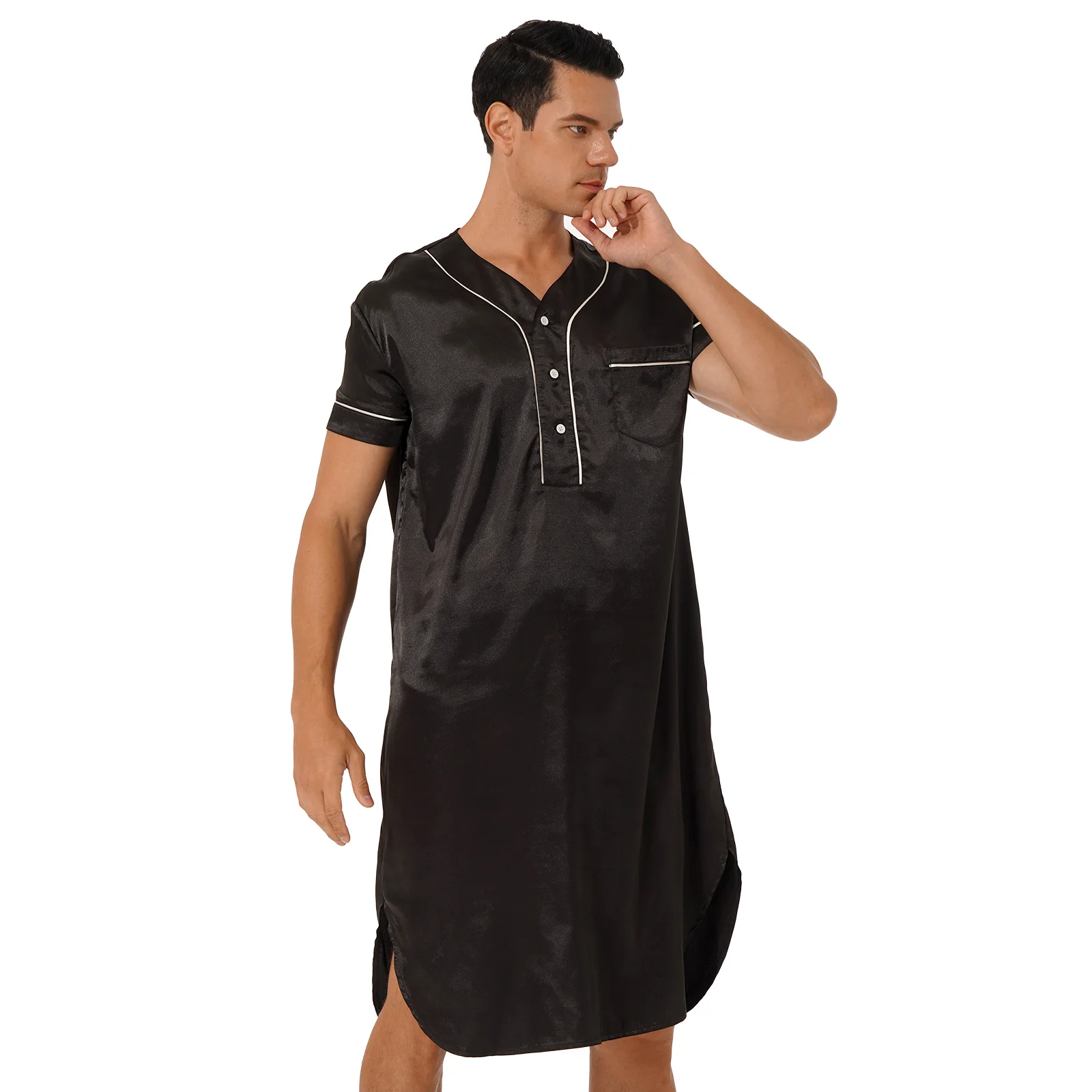 Camisón de satén para hombre, ropa de dormir de manga corta de seda para adultos, ropa de casa, pijama básico de talla grande