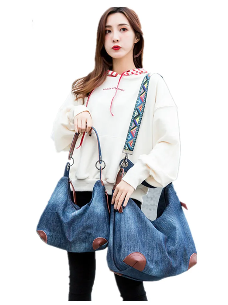 Skórzany pasek na ramię duża luksusowa damska torebka jeansowa duża torba na ramię niebieskie dżinsy torebka Jean denim Tote Crossbody ladies — zdjęcie 2