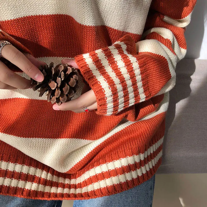 Harajuku Striped Hit Color Women Kintted Sweater Long Sleeve Casual Loose Female Pullover Top 2019 Spring Autumn Female Jumper