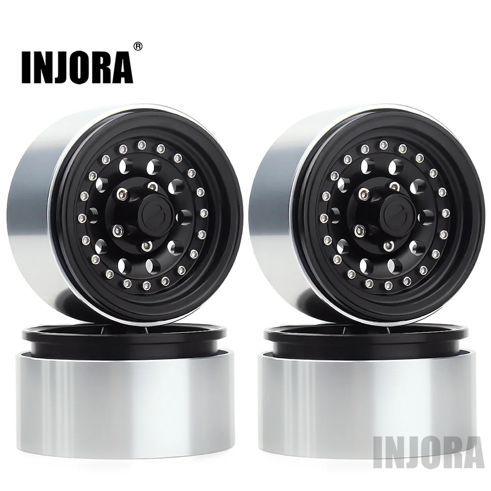 INJORA 4PCS Black/Silver 1.9 Aluminum Alloy Beadlock Wheel Rim for 1:10 RC Crawler Axial SCX10 90046 AXI03007 TRX4 Bronco