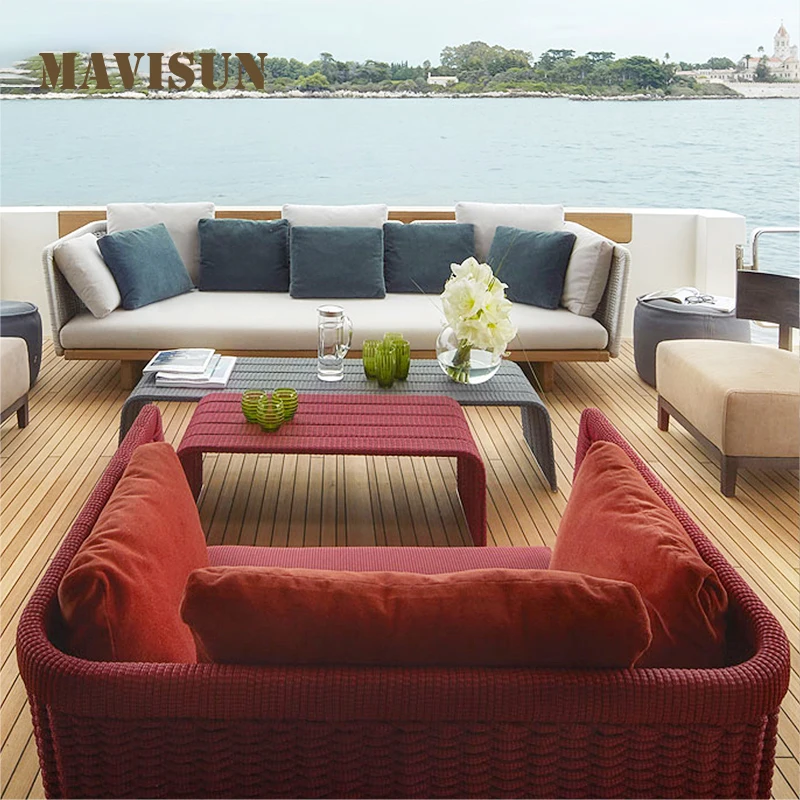 Wysokiej jakości odkryty Teak Sofa rattanowa z litego drewna połączenie Nordic dziedziniec ogród taras wypoczynek wodoodporny krem do opalania