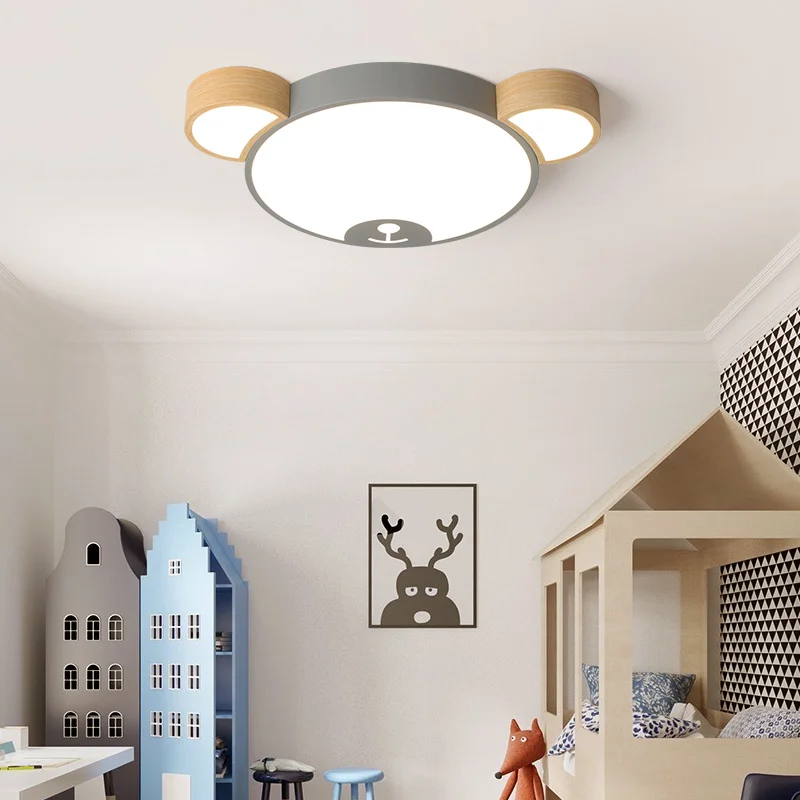 Lámpara de techo con forma de oso para dormitorio de niños, luz Led creativa y moderna, de madera verde/gris, para habitación