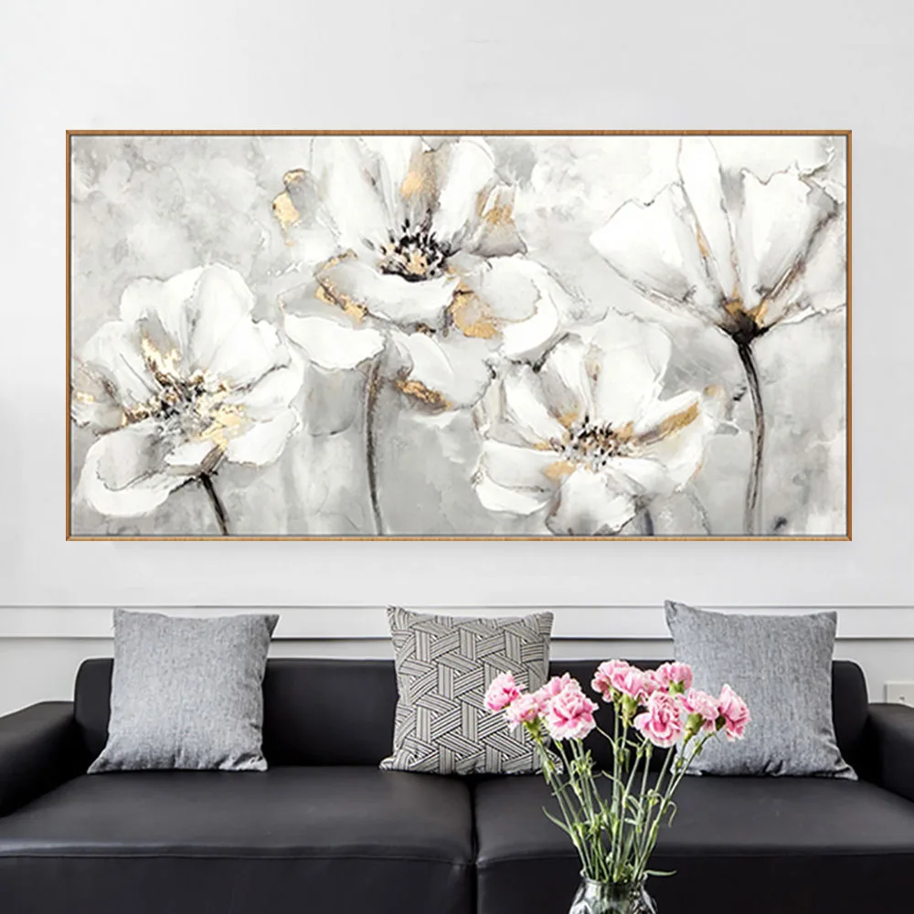 

Nordic Flower White Dandelion Dahlia Hand-Painted Oil Paintings Modern Abstract Texture Canvas Painting Decor Living Room Wall