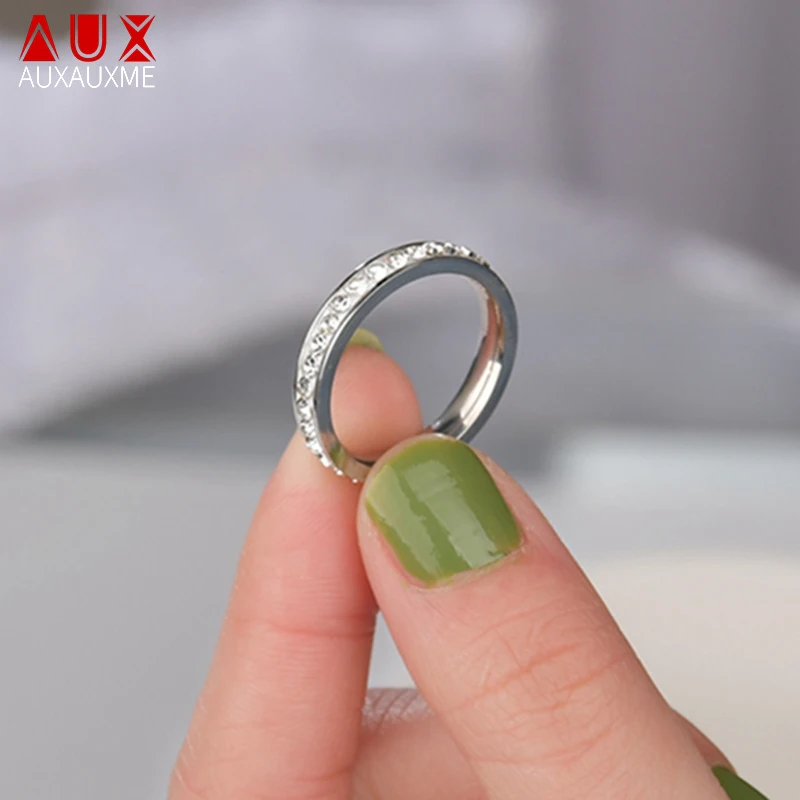 Auxauxme Single Row Line Zircon Wedding Ring For Women Stainless Steel Elegant Engagement Rings For Anniversary Love Jewelry