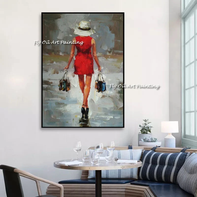 Large 100% Hand‑Painted Figurative Oil Painting, Red Dress Shopping Lady Palette Knife Textured Canvas Wall Art