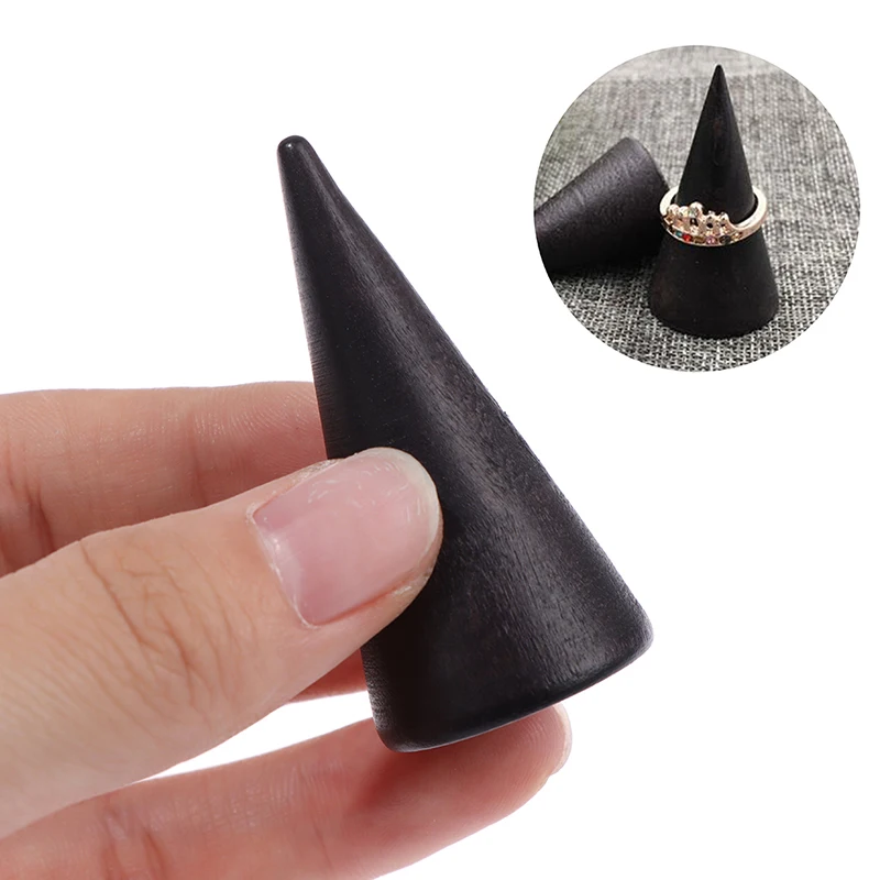 Vintage Black Wooden Ring Holder Display Cone Rack Solid Wood Finger Trinket Stand Storage Organizer