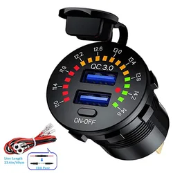 Cargador USB Dual para coche, encendedor de cigarrillos de 12V-24V QC 3,0, resistente al agua con voltímetro de Streamer LED, interruptor de encendido/apagado, adecuado para barco y coche