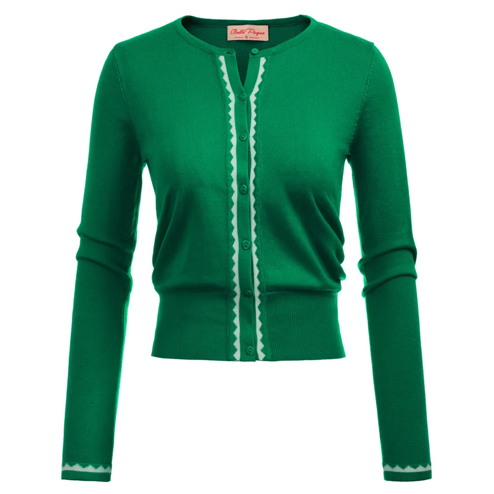 Belle Poque Frauen Mantel Lady Dünne Lange Sleeve Crew Neck Knopfleiste Kontrast Farbe Offenen Stich Strickjacke Strickwaren Jacke Neue