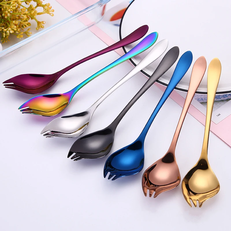 Creative Stainless Steel Fruit Salad Fork Spoon Colorful Ice Cream Dessert Spoon Multi-Function Tableware Kitchen Accessories