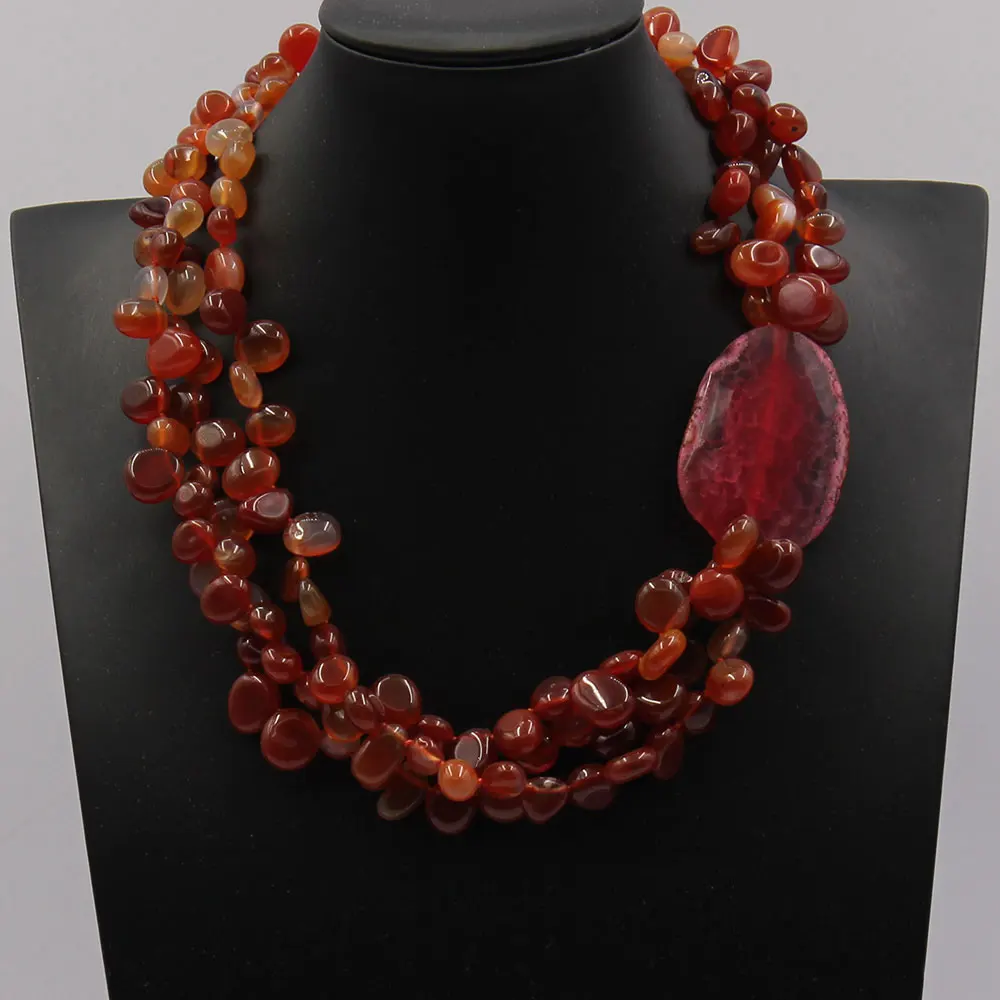 GG 3 Rows Natural Carnelian Red Agate Nugget Beads Necklace Rose Agate Chunky Connetor Handmade For Women