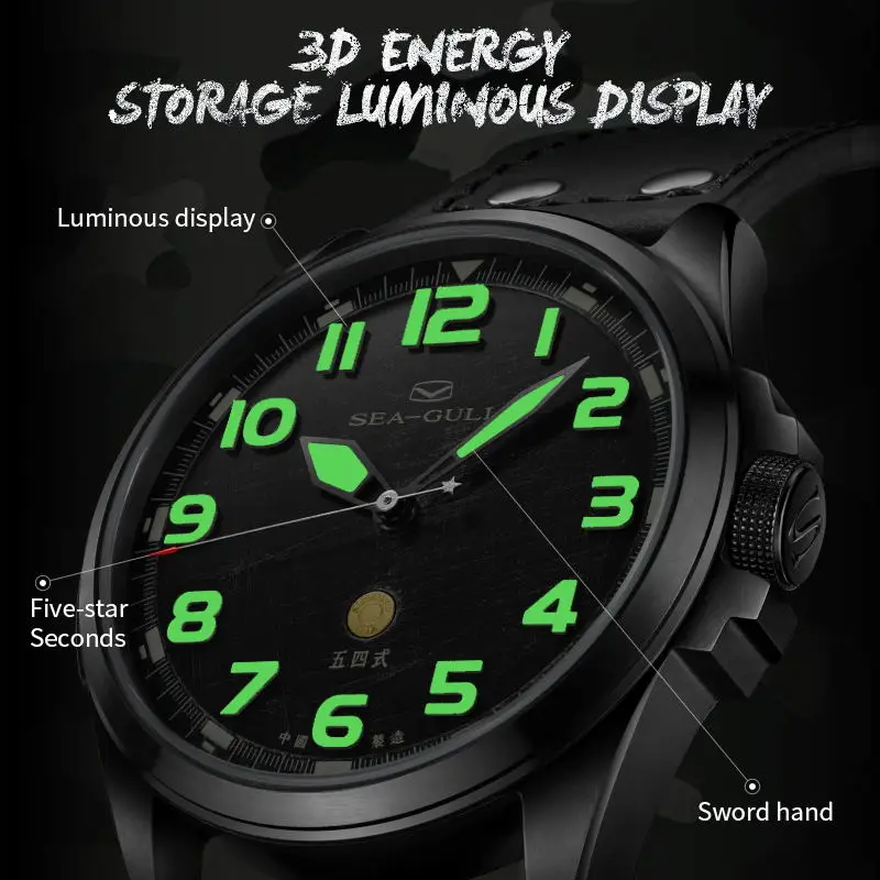 Seagull 43mm Pilot Watch Vintage Military Enthusiasts Men's Automatic Mechanical Watches Nylon Strap Luminous 10Bar 6107