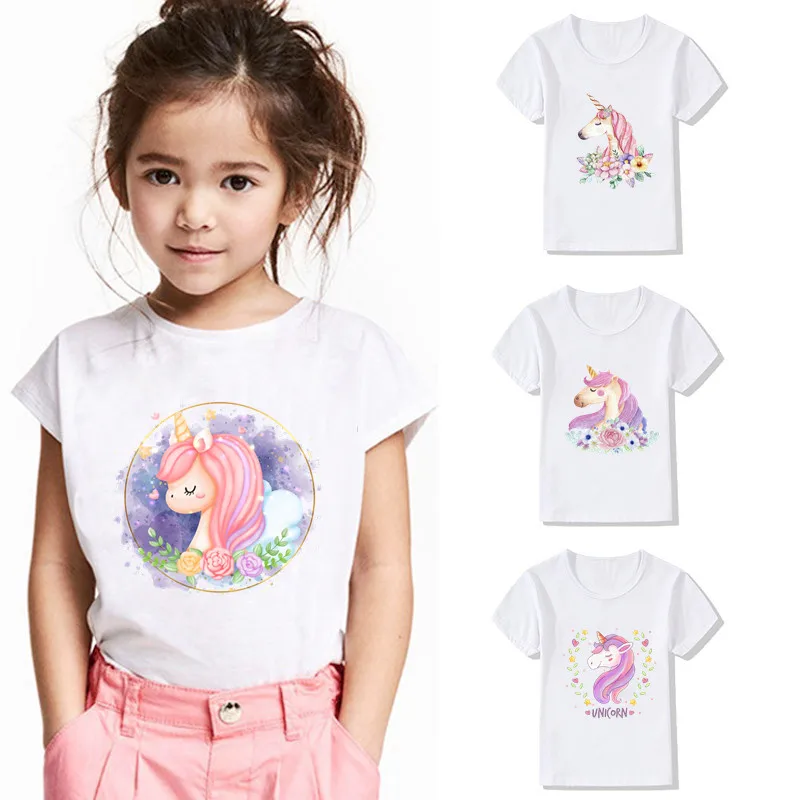 

Flower Unicorn Magical Print Cute Girls T shirt Summer Kawaii Funny Kids Clothes Baby Tops Children Short Sleeve T-shirt,HKP5189