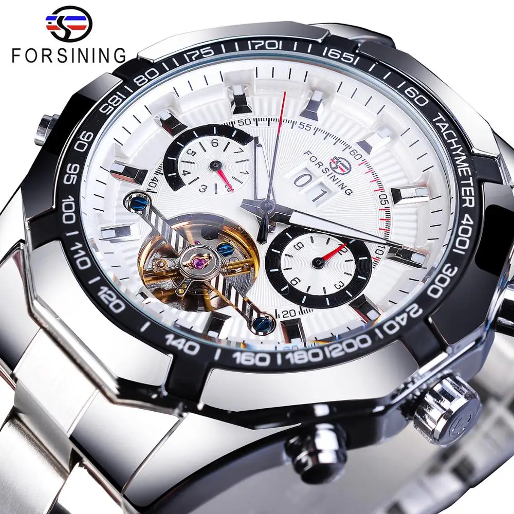 Forsining Moda Machanical Orologi Automatici Uomo Orologio In Acciaio Inox 2 Quadrante Tourbillon Settimana Data casual Mens Orologio Da Polso