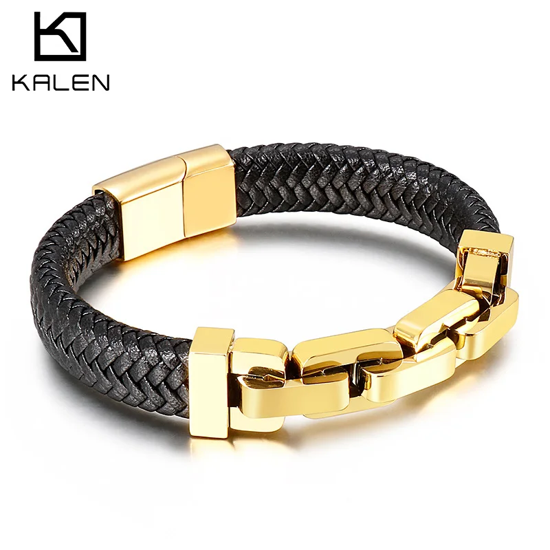 Kalen Leather Punk Style Gothic Bracelet Men's Stainless Steel Accessories Jewelry Gifts