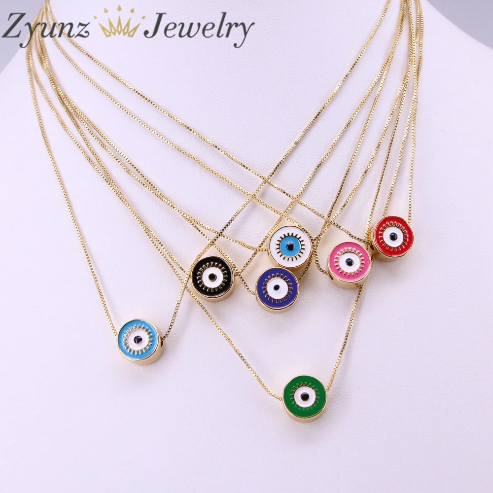 10PCS, Colorful Enamel Round Coin Eye Turkish Jewelry Pendant Bead Necklace Lucky Cute Eye Charm Chain Gold Jewelry