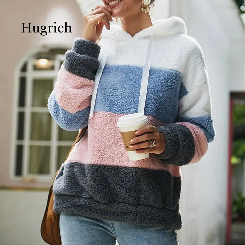 Women's Fleece Patchwork Hooded Sweatshirt Rainbow Striped Casual Warm Pullover Hoody 2020 Winter Autumn Thicken Hoodies Female