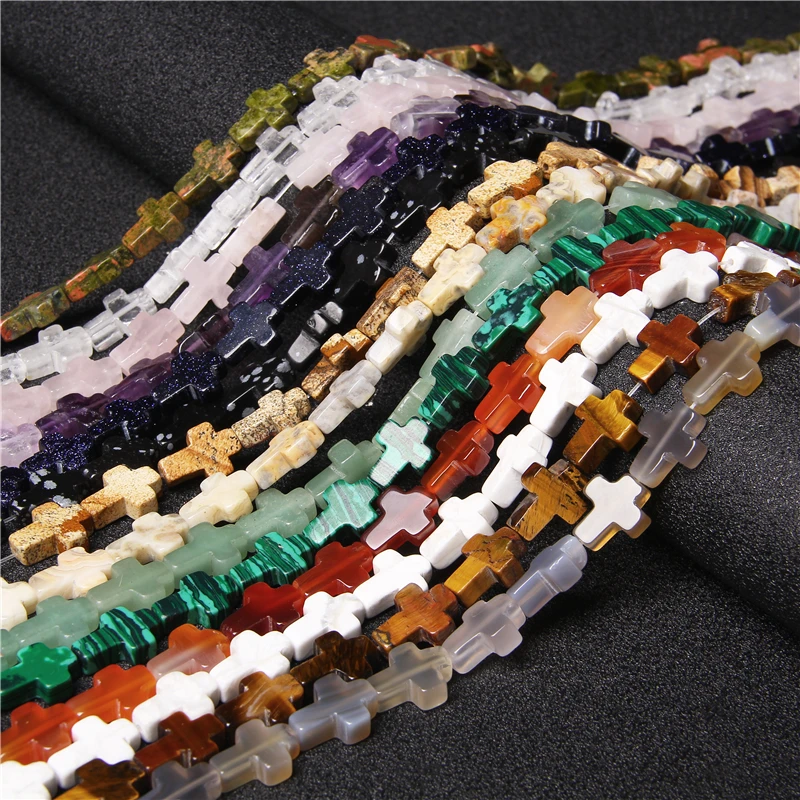 Natural Agat Quartz Jaspers Stone Beads 12x16mm Cross Shape Loose Spacer Pendant For Christian Jewelry Making Bracelet Necklace