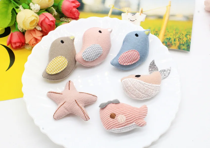 Sweet fish and bird doll padded patches, appliques for clothes, sewing supplies, hair decoration, 4cm, 20 pcs/lot