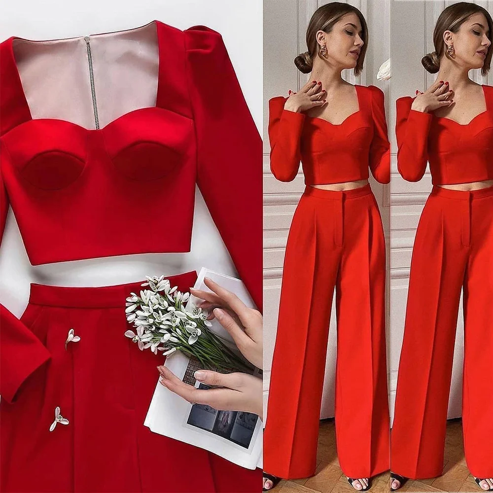 Formal vermelho feminino férias smoking solto cintura alta mãe da noiva calças ternos formatura noite convidado casamento wear 2 peças