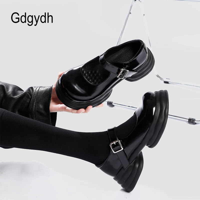 Gdgydh Platform Mary Jane Shoes Women Chunky Heel Lolita Shoes Patent Leather Japanese College Student Shoes Buckle Strap