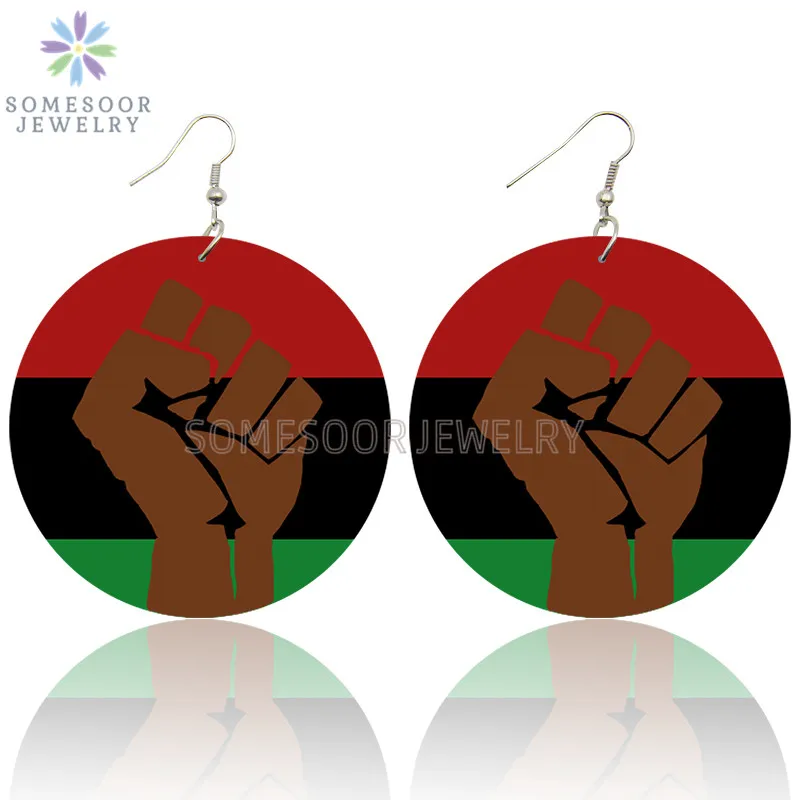 SOMESOOR Black Powerful Fist Design Print African Wooden Drop Earrings Melanin Poppin Dope Loops Dangle Jewelry For Women Gifts