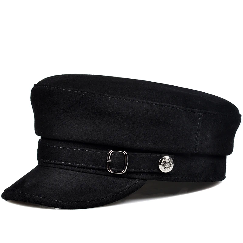 

South Korean Fashion ACC Unisex Genuine Leather Suede Flat-topped Militar Hats Men Women Navy Caps Student Street Black Gorra