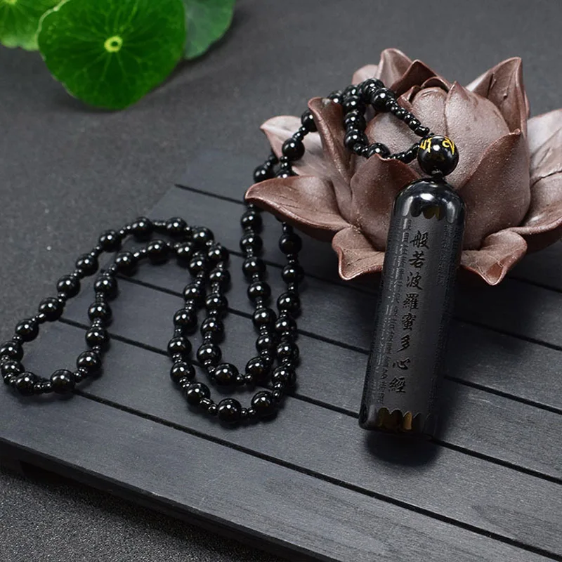 Natural Obsidian Pendant Prajna Paramita Sutra Buddha Necklace With Lucky Beads Chain Fashion Jewelry For Men Women