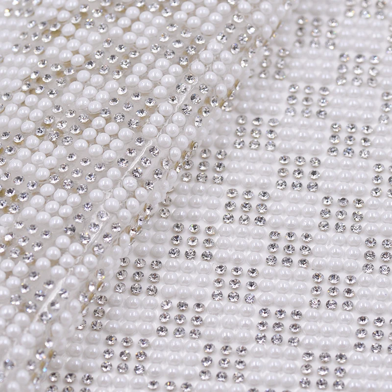 JUNAO 24*40cm Hotfix White Pearl Rhinestone Mesh Trim Glass Crystal Fabric Sheet Pearl Applique Strass Band Garment Shoes Diy