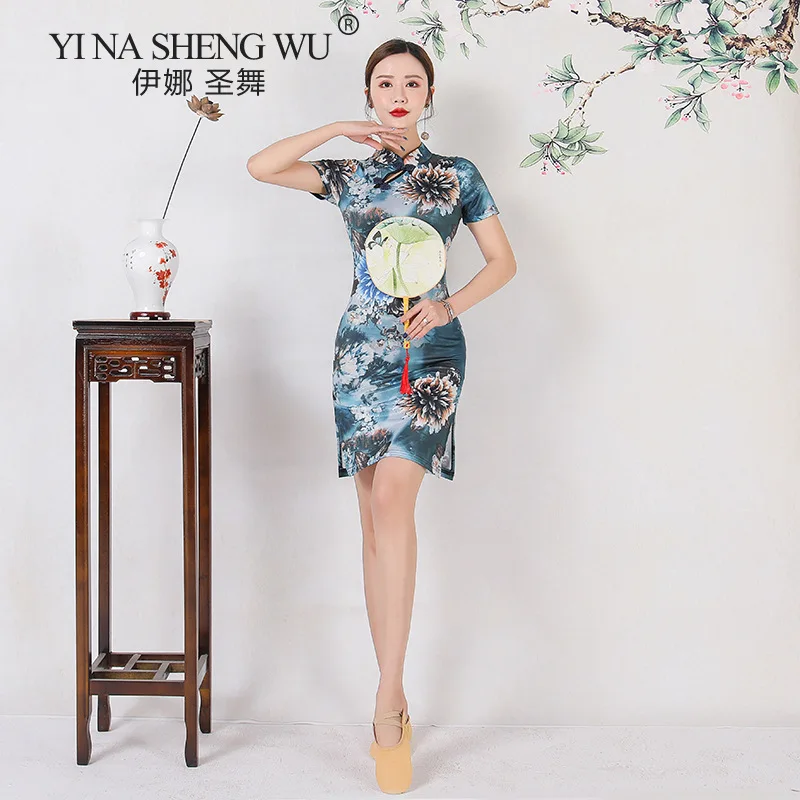 Classical Dance Cheongsam Dance Chinese Dance Body Rhyme Sexy Printing Split Ends Modern Dance Practice Clothes Short Cheongsam