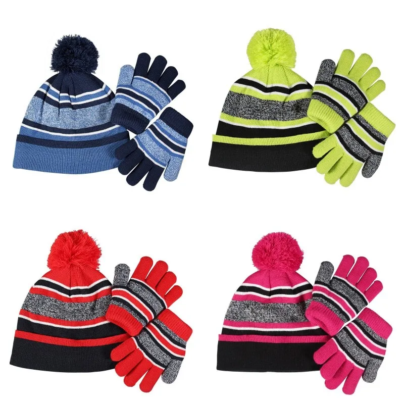 

Autumn Winter Kids Hats Gloves Childre Knitted Pompom Hat Winter Warm Knit Hat Glove For Baby Boys Girls Child Hat Gloves Set