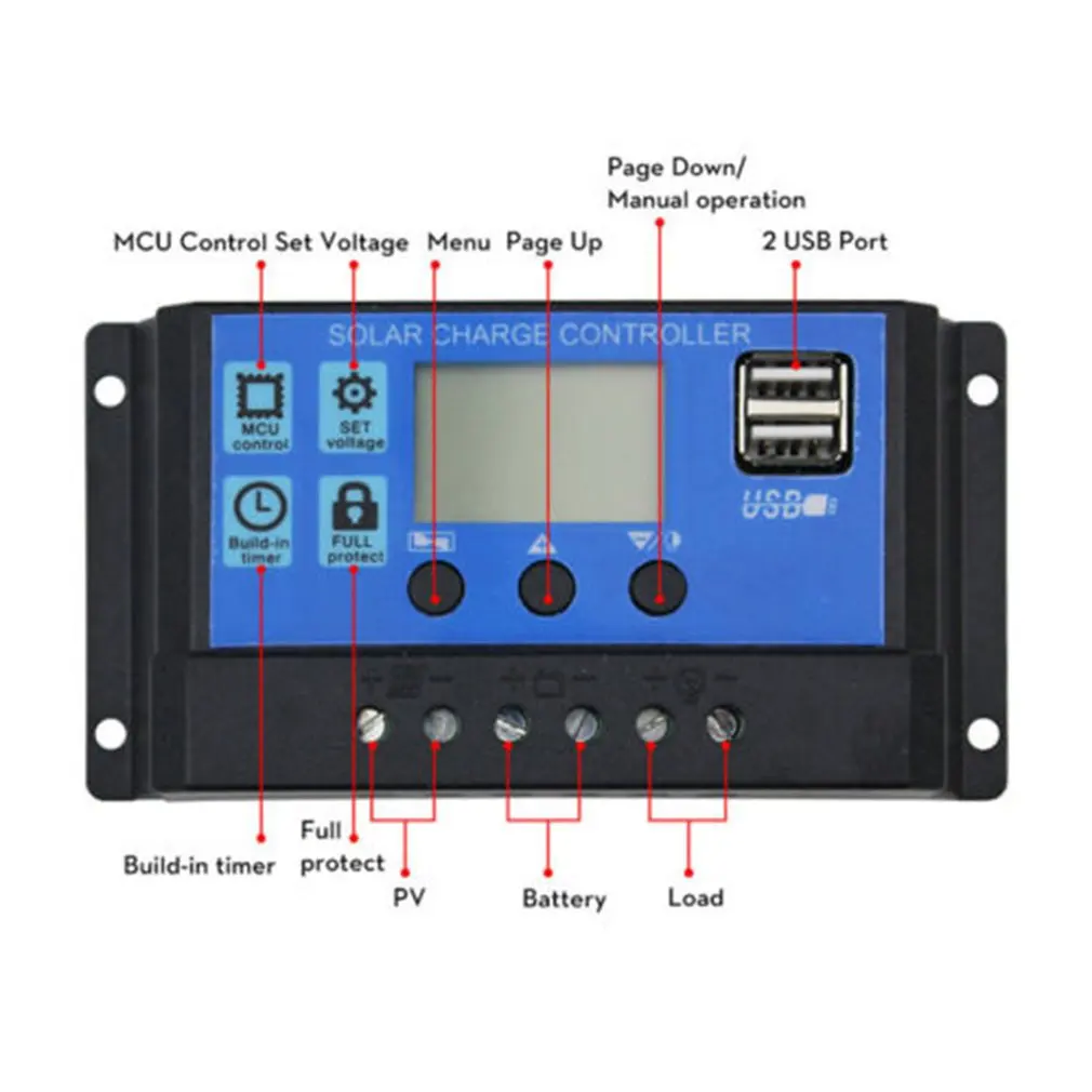 Controlador de carga Solar 30A, pantalla LCD HD, controlador de carga Solar de trabajo automático, salida Dual USB, PWM, regulador de Panel Solar
