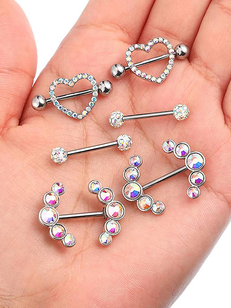 2pcs Titanium Nipple Piercing Heart Barbell 14G Opal Nipple Shield Flower Charming Nipple Rings For Women Body Piercing Jewelry