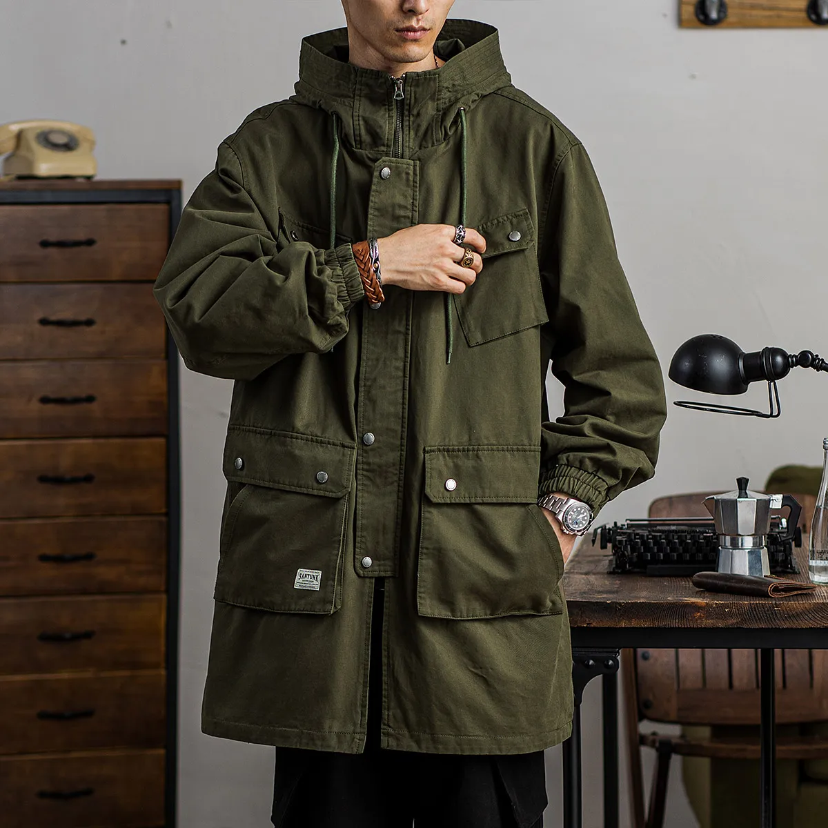 Men\'s Military Tactical Hooded Trench Coat Zipper Mid-length Casual Windbreaker for Autumn and Spring Vintage Clothes Parka