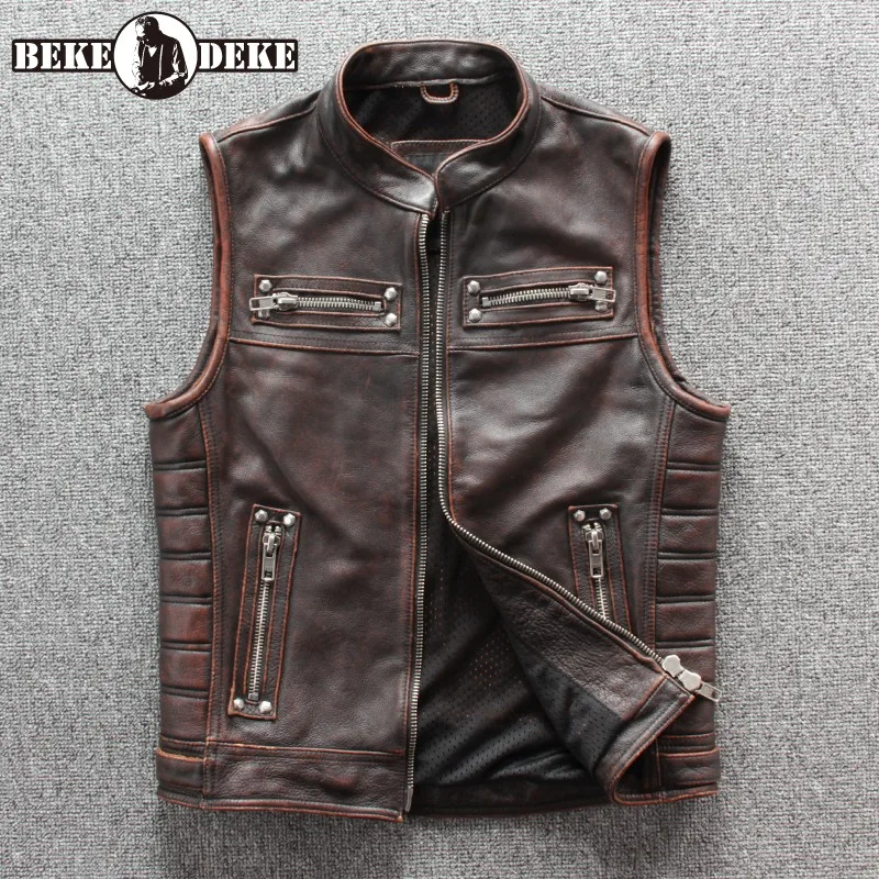 

Genuine Cow Leather Vest Mens Real Leather Motorcycle Biker Vest High Quality Stand Collar Sleeveless Jacket Waistcoat Outwear