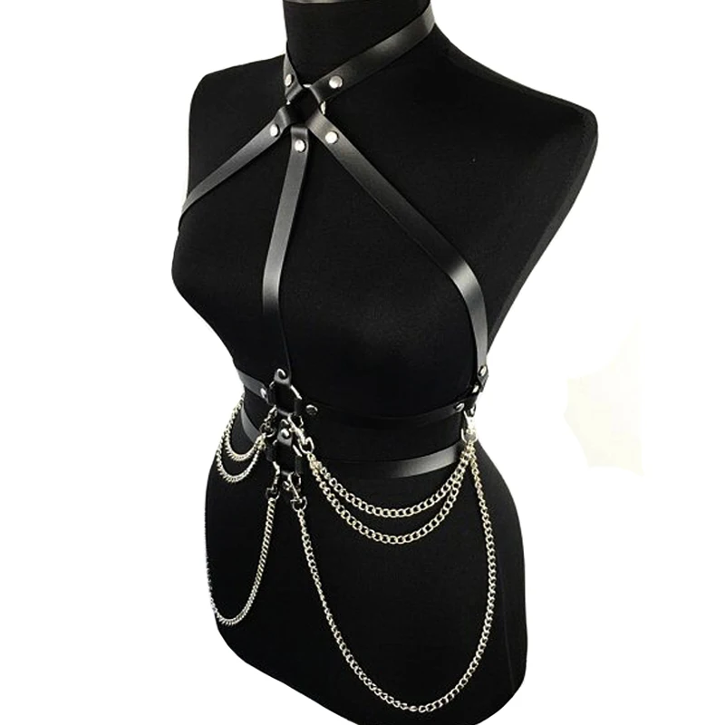 Nieuwe Sexy Vrouwen Bretels Lederen Riem Harajuku Gothic Lingerie Verstelbare Bondage Holografische Metalen Ketting Kwastje Harnas Borst