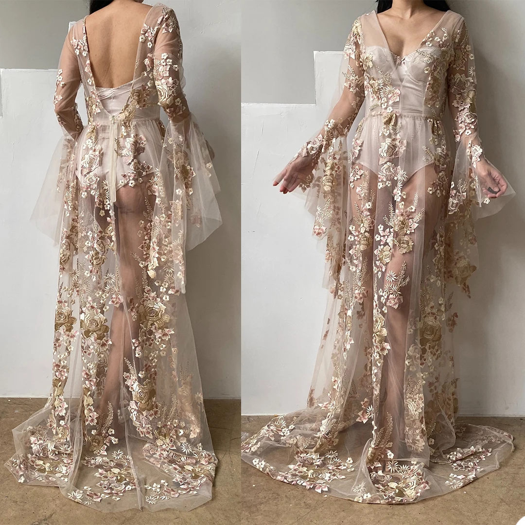 

Summer Robes Women's Prom Dresses Lace Appliques V Neck Long Sleeves Birthday Bridal Fluffy Party Gowns Custom Made