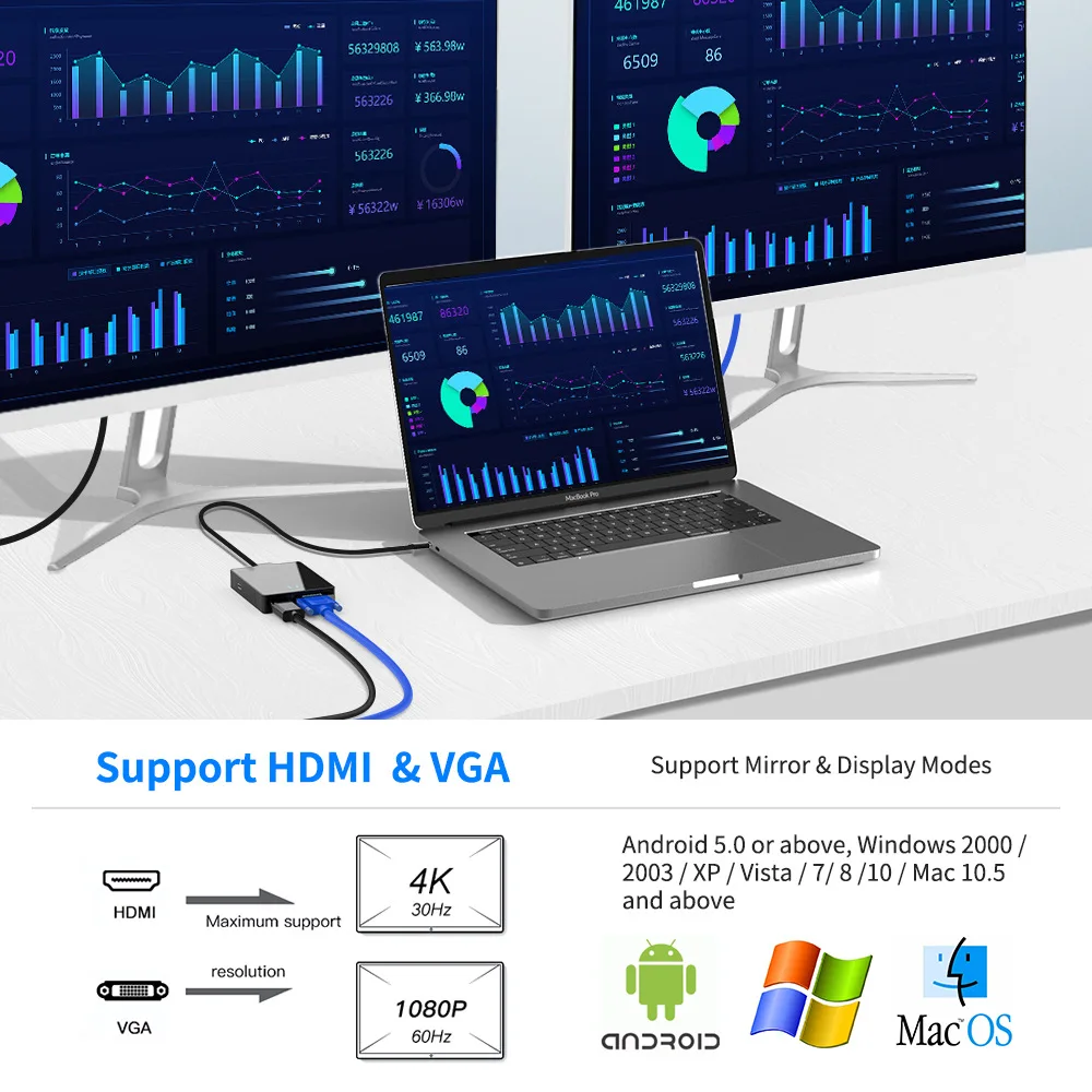 UTHAI-estación de acoplamiento tipo C, divisor con fuente de alimentación, concentrador USB de expansión seis en uno, Cable de Audio de 3,5 MM, VGA, HDMI, 4K