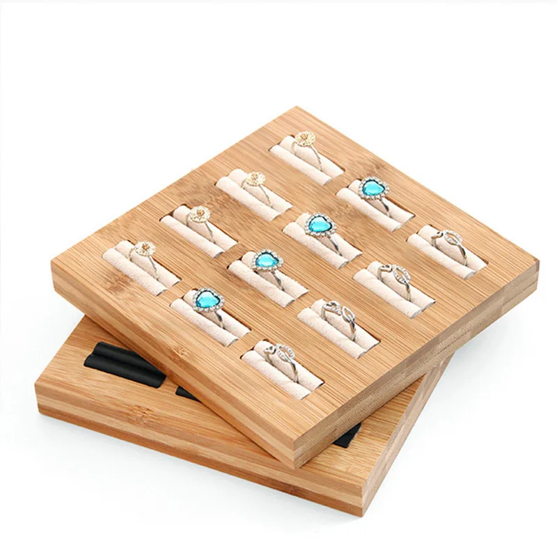 New Arrival Bamboo 12 Grids Rings Jewelry Display Tray Pendants Rings Jewelry Props Simple Jewelry Packaging Sales Ring Tray