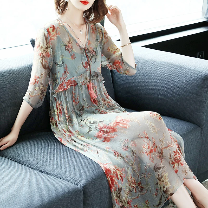 

Silk Long Dress Women Prin Floral Summer Dress Elegant Party Dresses Beach Ladies Office Wear Dresses Vestidos LWL1524