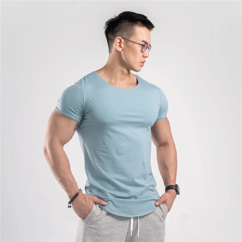 Men Cotton Short sleeve Gym Muscle movement Skinny New Summer Fitness Bodybuilding Male Casual O-Neck Tee shirt Tops Clothing