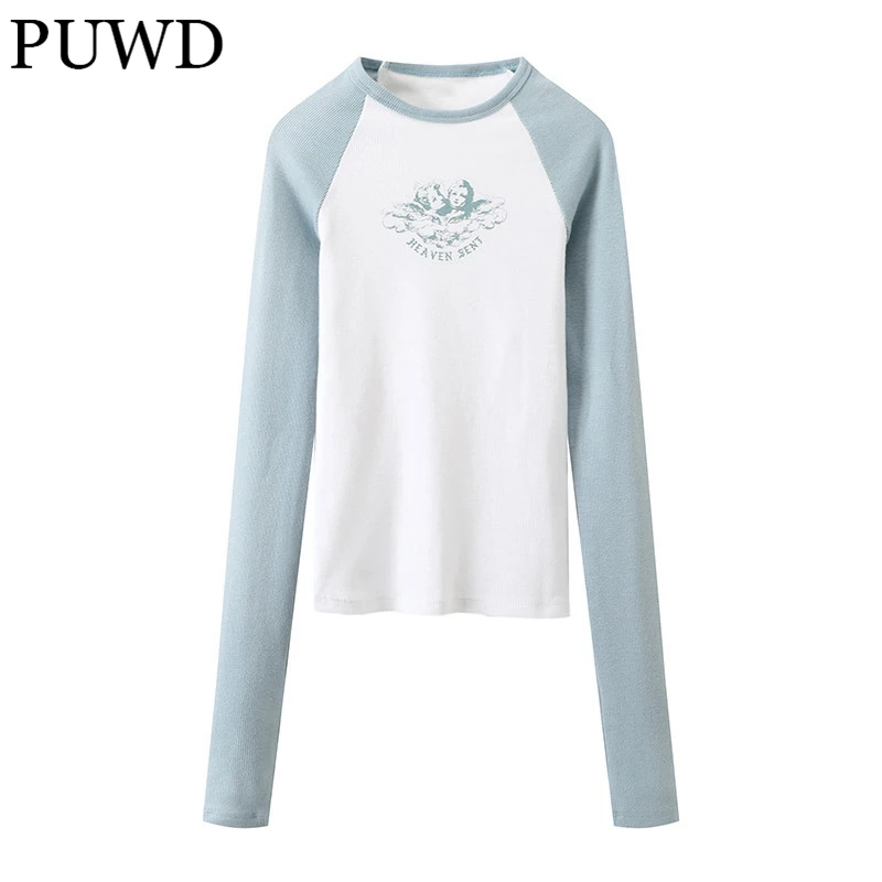 PUWD Sweet Girls Print O Neck Patchwork Shirt 2022 Autumn Fashion Ladies Slim Streetwear Tshirt Women Chic Long Sleeve Pullovers