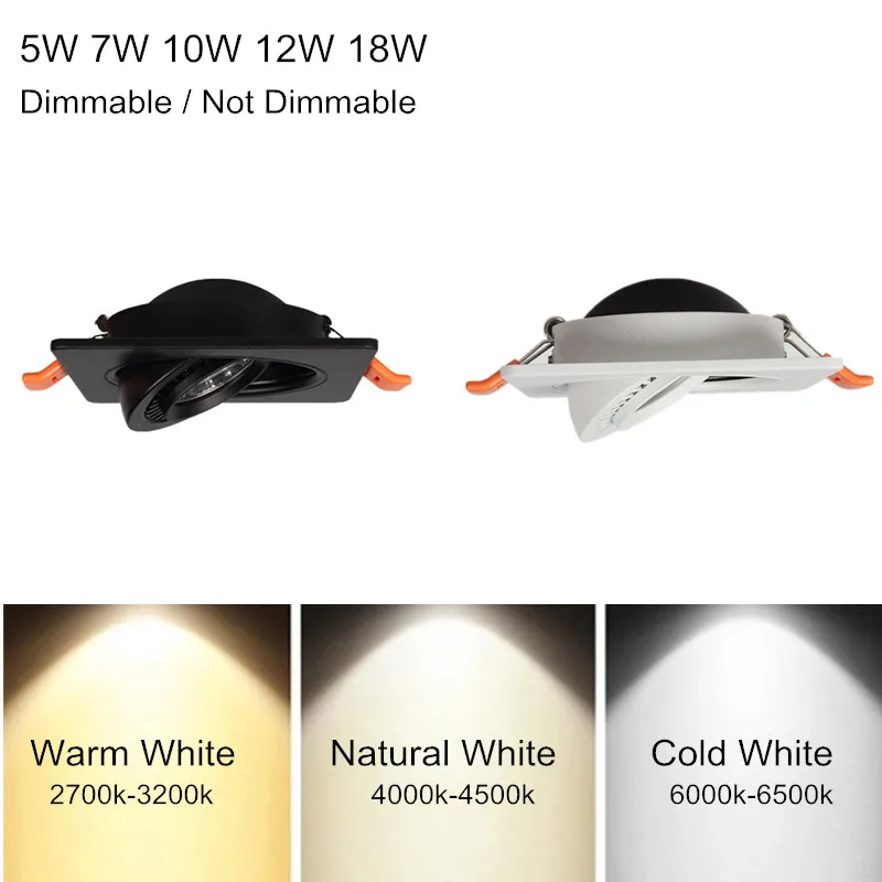 

360 Angle Rotatable LED Recessed Downlight 5W 7W 10W 12W 15W LED Ceiling Spot Light 3000K/4000K/6000K Black/White Housing Light