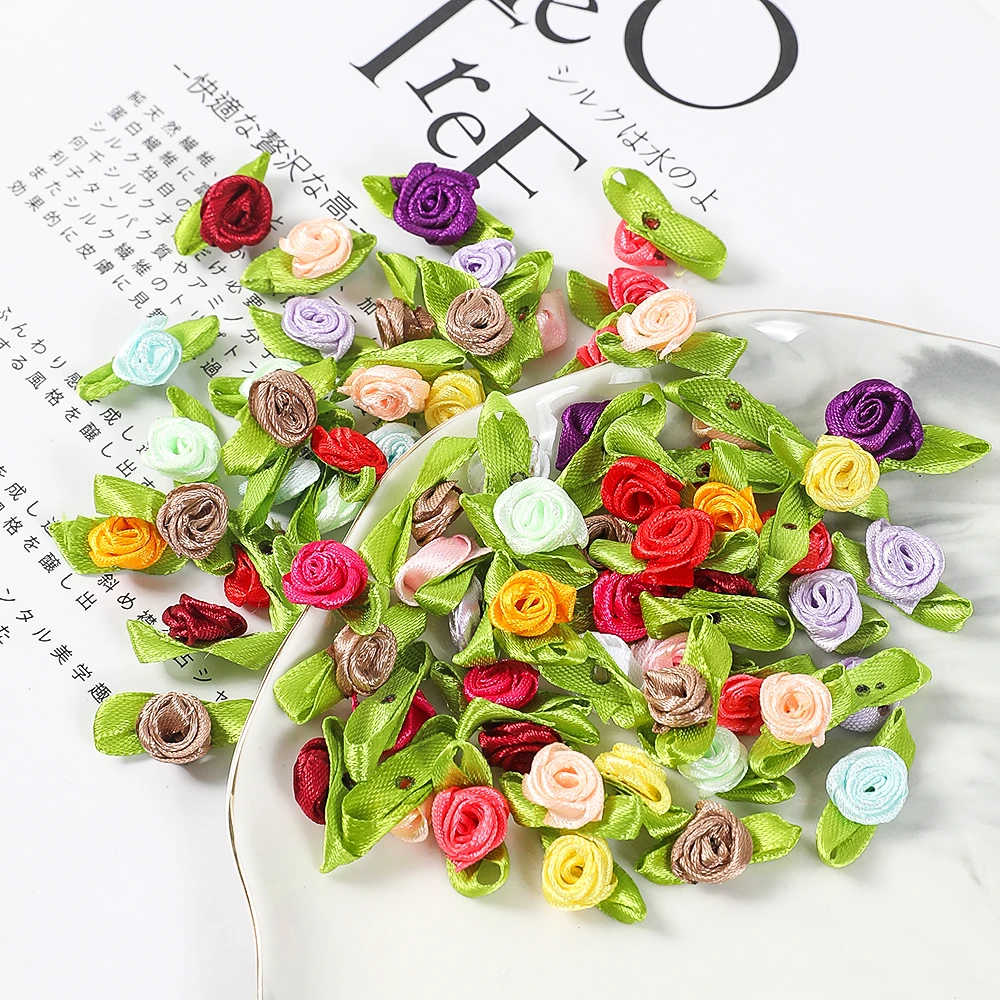 50/100Pcs Mini Rose Artificial Flowers Heads 2cm Buds Fabric Flower Wedding Decoration Craft Supplies Ribbon Bow-Knot Gift Decor