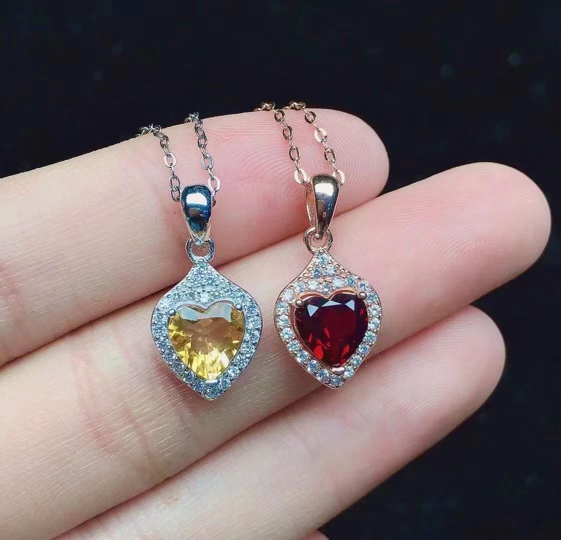 

Romantic Heart Crystal Pendant for Daily Wear 7mm Natural Garnet Citrine Necklace Pendant Solid 925 Silver Citrine Garnet