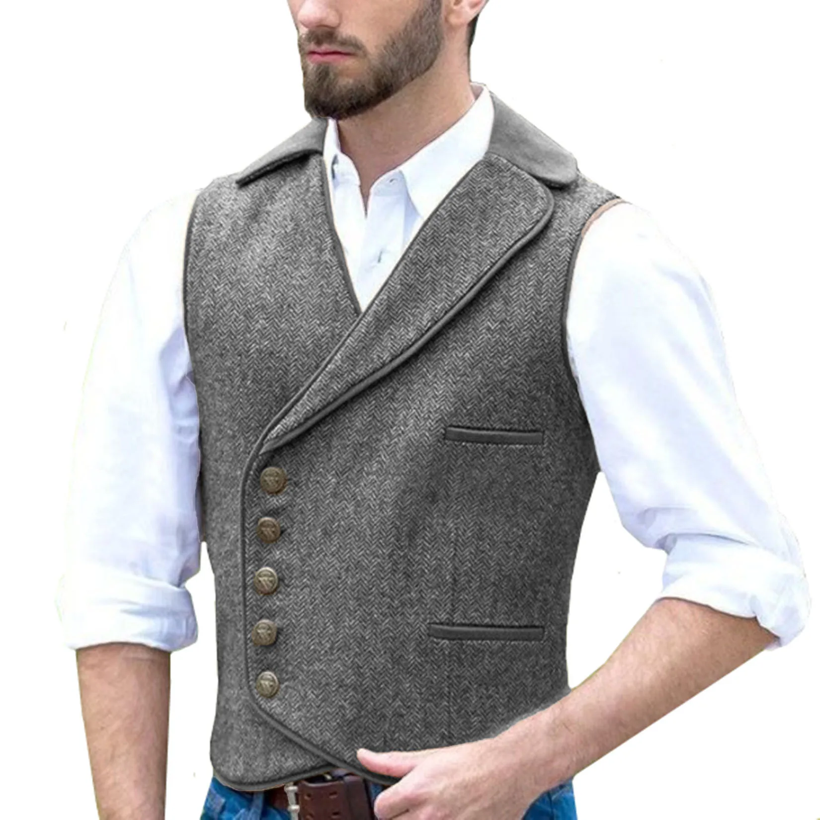 Men's Herringbone Vest Lapel Single-breasted Punk Style Slim Vest Business Casual Outdoor New Vest Clothing