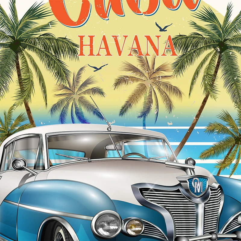 Cuba Beach Wall Art Canvas Painting Retro Car Poster Miami Palm Vintage Prints Wall Pictures for Living Room Bedroom Home Decor