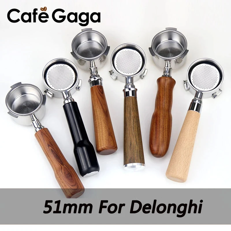 51mm For Delonghi Coffee Bottomless Portafilter Dosing Ring Espresso Funnel Wooden Handle Filter Holder Coffee Accessories