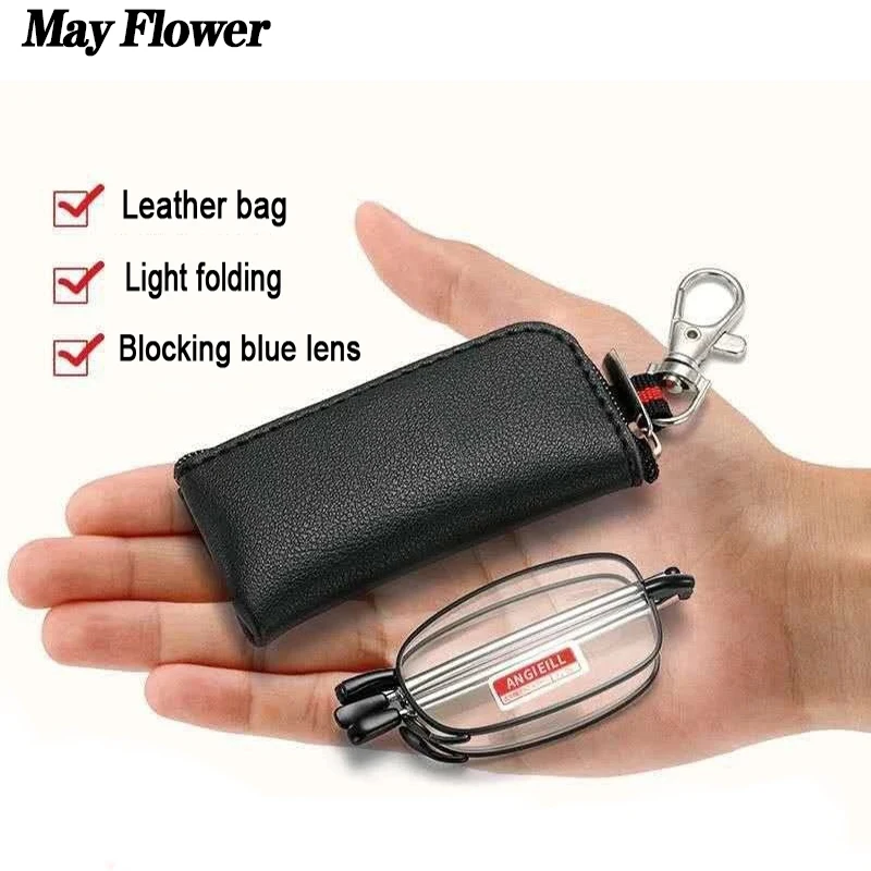 May Flower Mini Flodable Anti-Blue Ray Reading Glasses Portable Wallet Presbyopic Eyewear Round Frame Eyeglasses Men Women+3.5+4