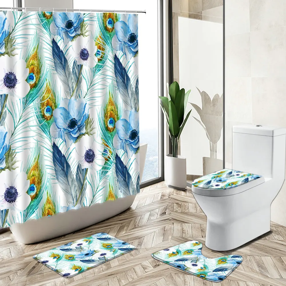 

Peacocks Feather Print Shower Curtain Exotic Flower Watercolor Art Home Decor Bath Mat Toilet Cover Flannel Bathroom Carpet Set