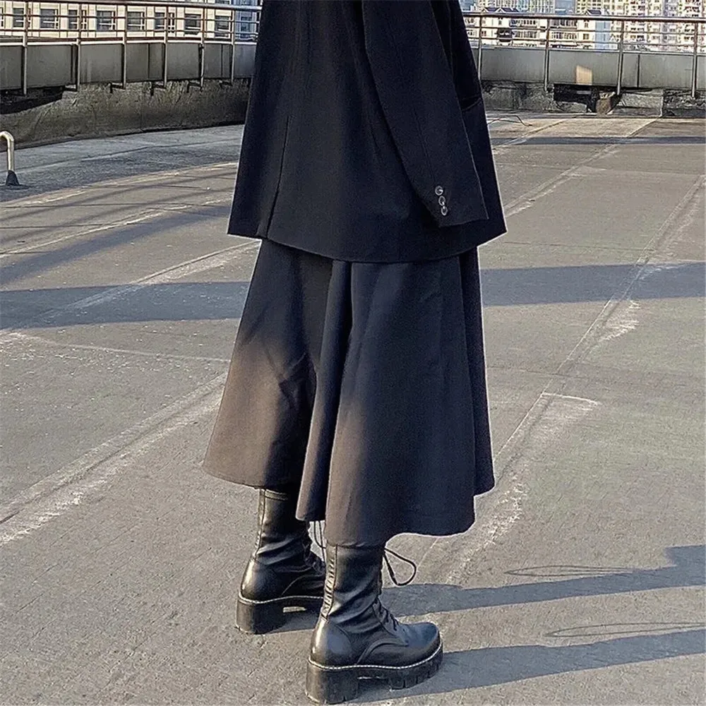 Loose Hip-Hop Punk Elastic High Waist Cargo Skirt Women Korean Ulzzang Casual Gothic Long Dark Skirt 2021 Streetwear Black Saia